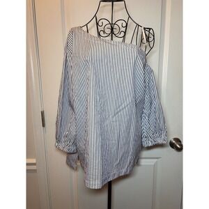Lauren Ralph Lauren Womens Blue White Striped One Shoulder Cotton Blouse Large